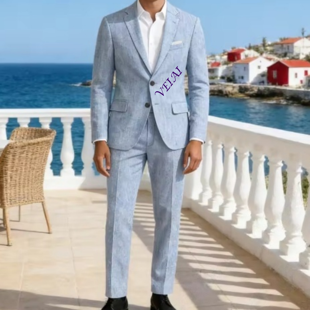 Men'S Formal Beach Wear - بدلة مخصصة من الكتان الأزرق السماوي