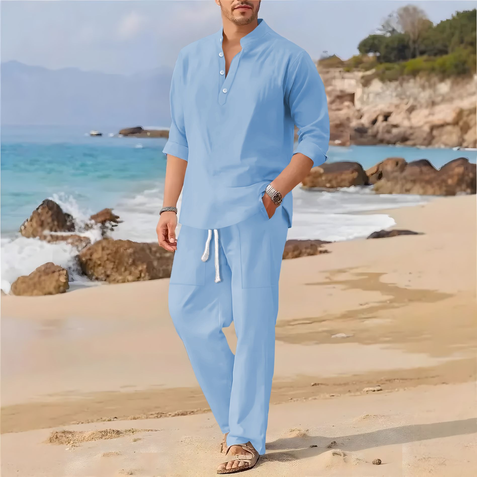 Men'S Formal Beach Wear - بدلة كاجوال بأكمام طويلة وياقة واقفة